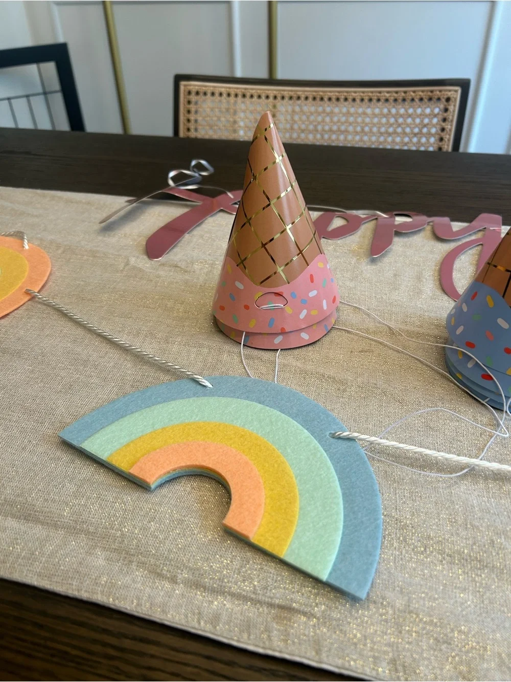 Pastel Birthday Party Decor Bundle – Rainbow Garland, Ice Cream Party Hats,